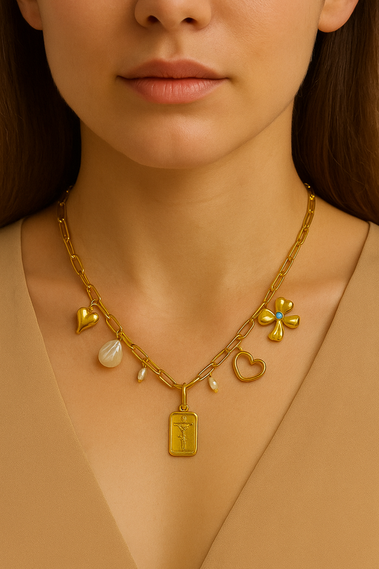Golden Clover & Heart Charm Necklace
